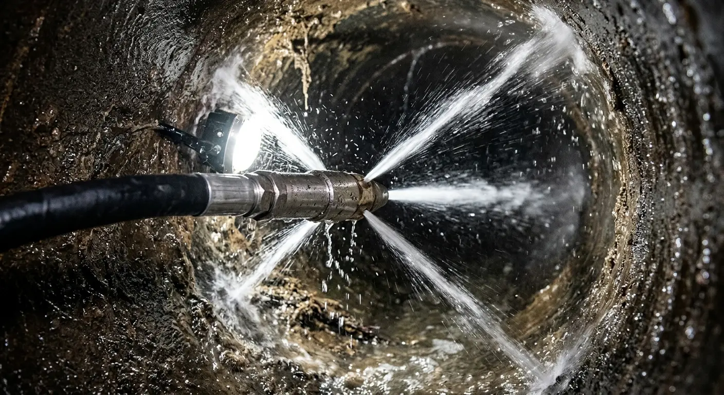 High-pressure hydro jetting nozzle cleaning sewer pipe for Emergency Drain Service in Donna