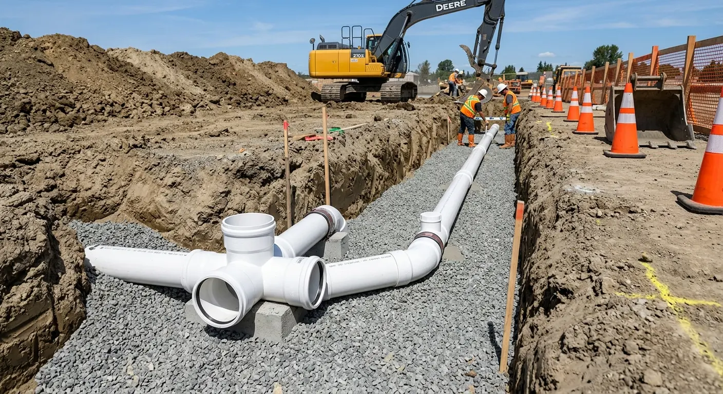 New PVC sewer pipe installation in open trench for Sewer Backup in Donna