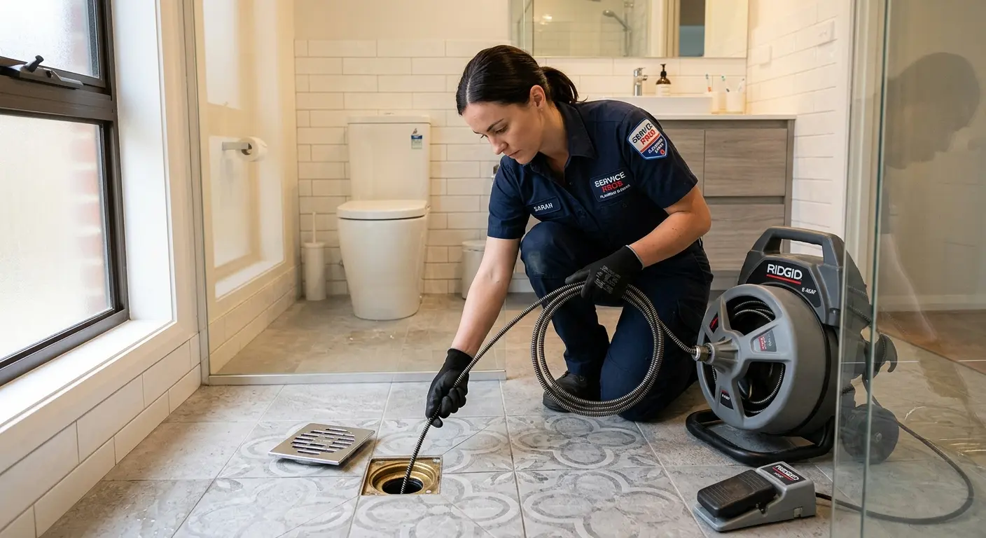 Technician clearing a bathroom floor drain for Drain Repair in Donna